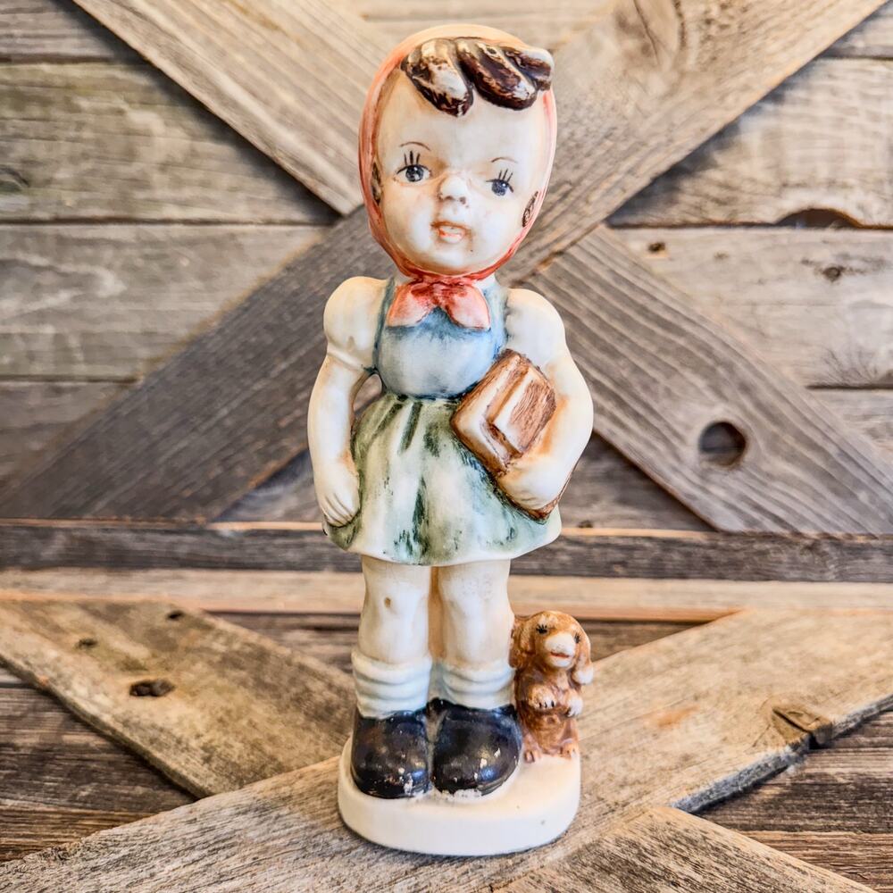 Vintage German Girl Ceramic Figurine w/ Book, Backpack and Little Puppy, 8” Tall